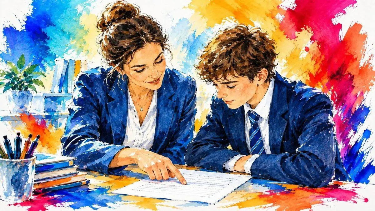 Illustratie van schriftelijke antwoorden, meerkeuzevragen, grafieken en analyse in aquarelstijl